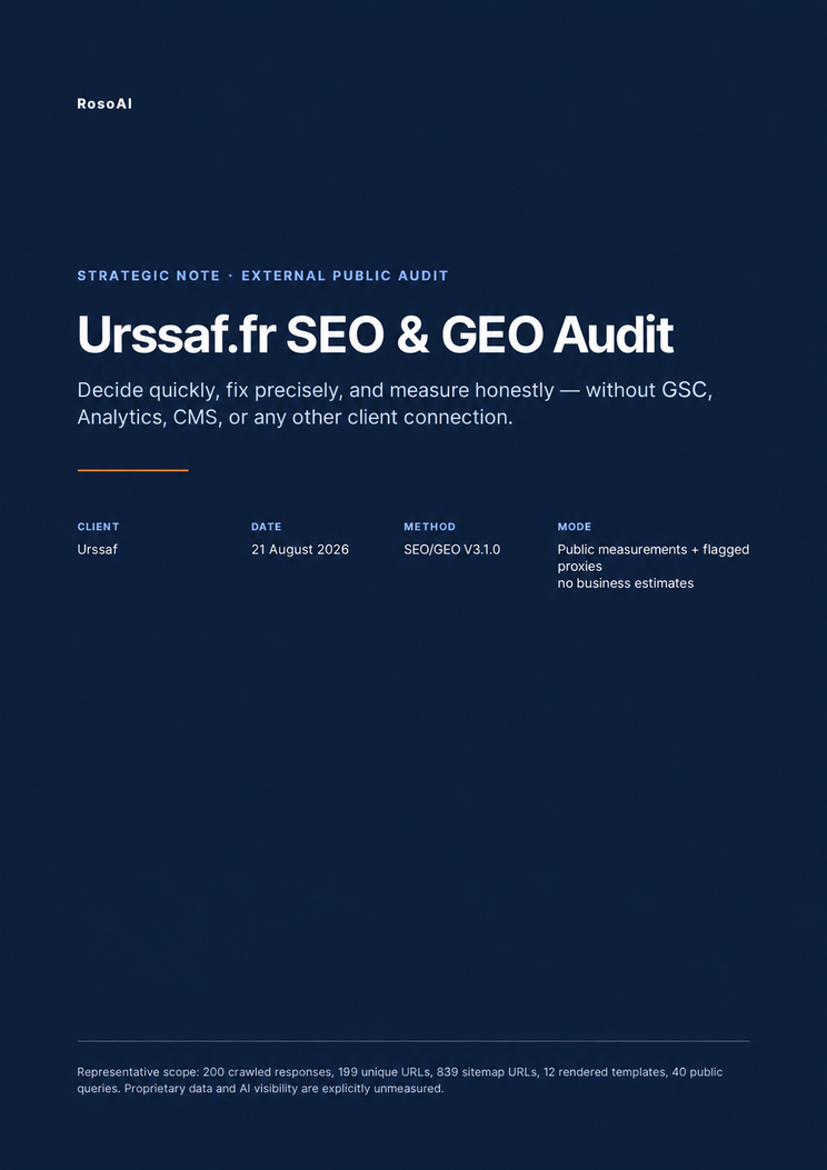 Cover of the external SEO and GEO audit of urssaf.fr