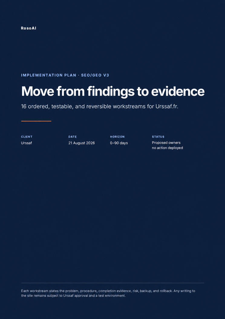 Cover of the SEO and GEO implementation plan for urssaf.fr