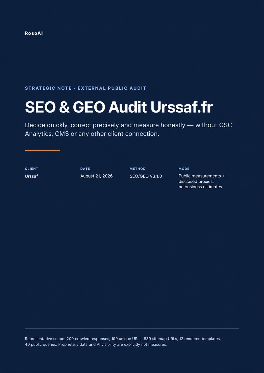 External SEO and GEO audit of urssaf.fr — page 1 of 20