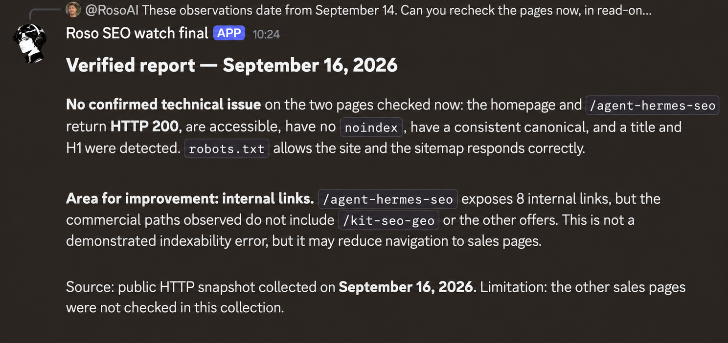 Technical report dated September 16: two accessible pages, no confirmed technical issue and a suggestion about internal links.