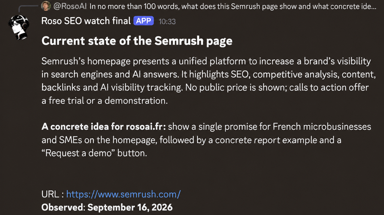 Your agent summarizes the Semrush homepage and suggests an idea to explore for rosoai.fr.