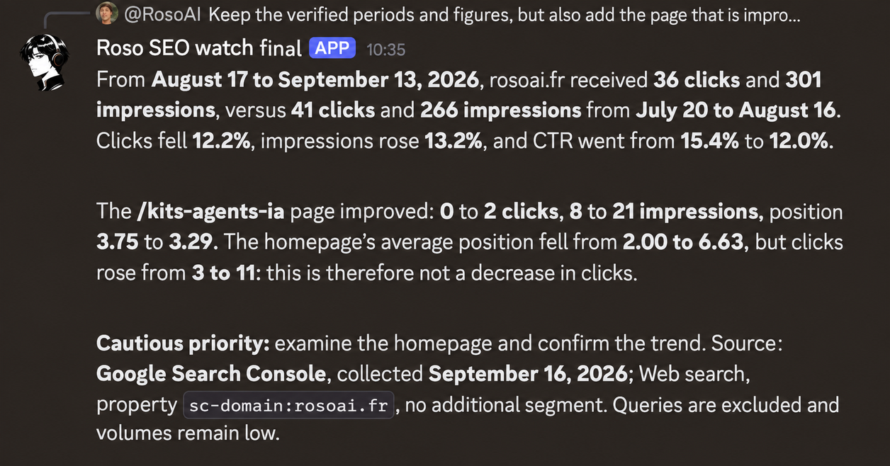 Your agent compares clicks, impressions and positions for rosoai.fr across two periods in Google Search Console.